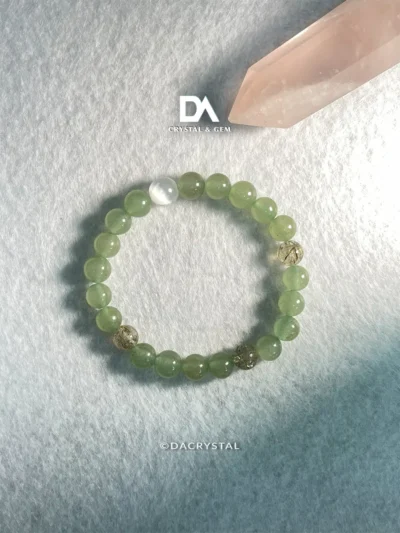 Clear Mind Attract Wealth crystal bracelet with Green Aventurine Selenite and Black Gold Super Seven for clarity and abundance