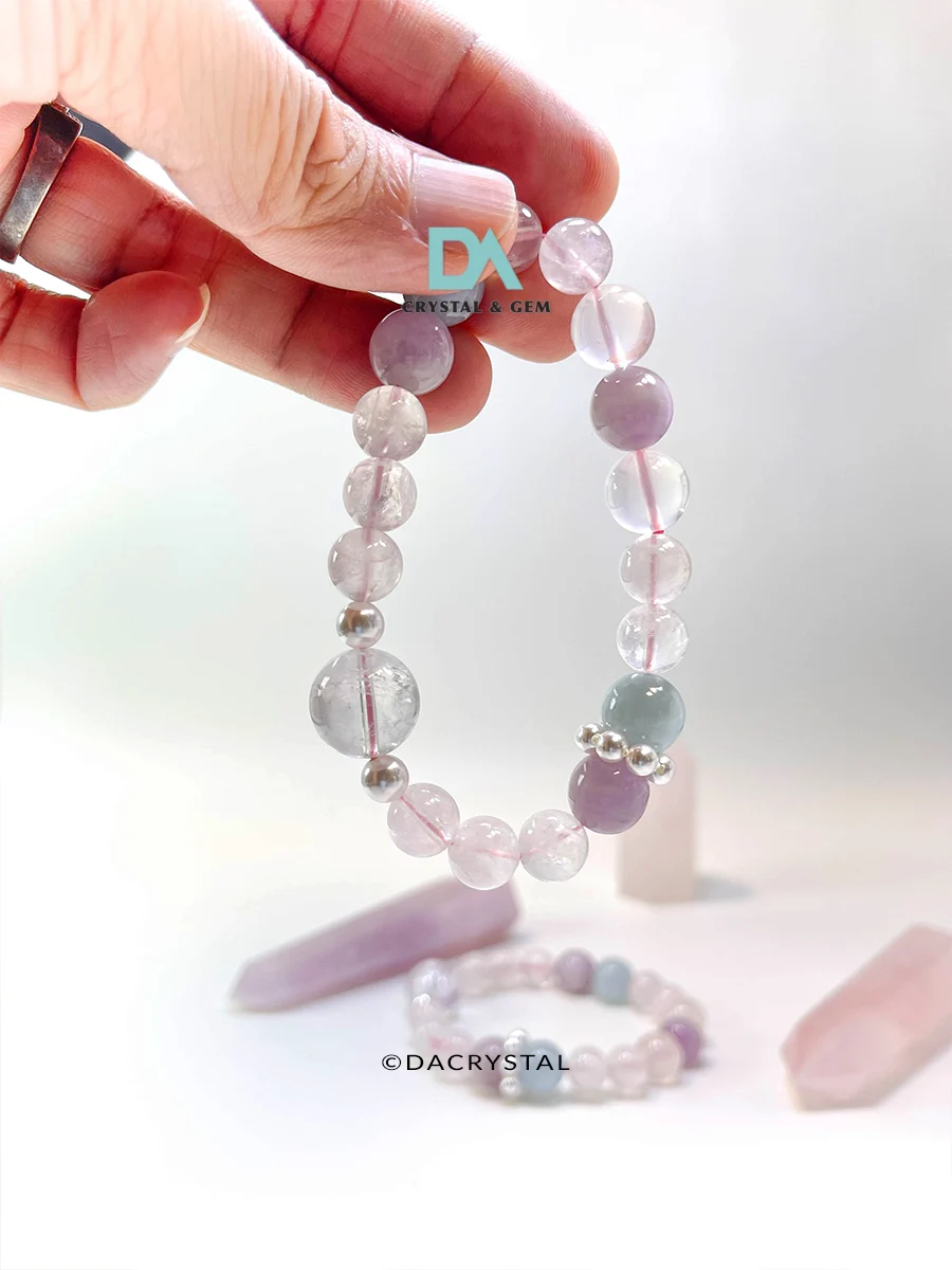 Celestial Ease Bracelet for harmony & self expression. A wonderful combination stone of rose quartz, kunzite, aquamarine, lavender amethyst aiming for emotional soothing.