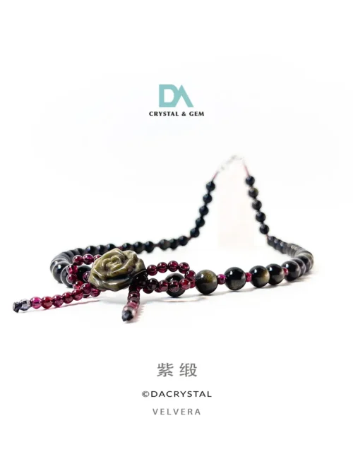 紫缎 Velvera Golden Obsidian Purple Garnet Rose Shape Necklace.