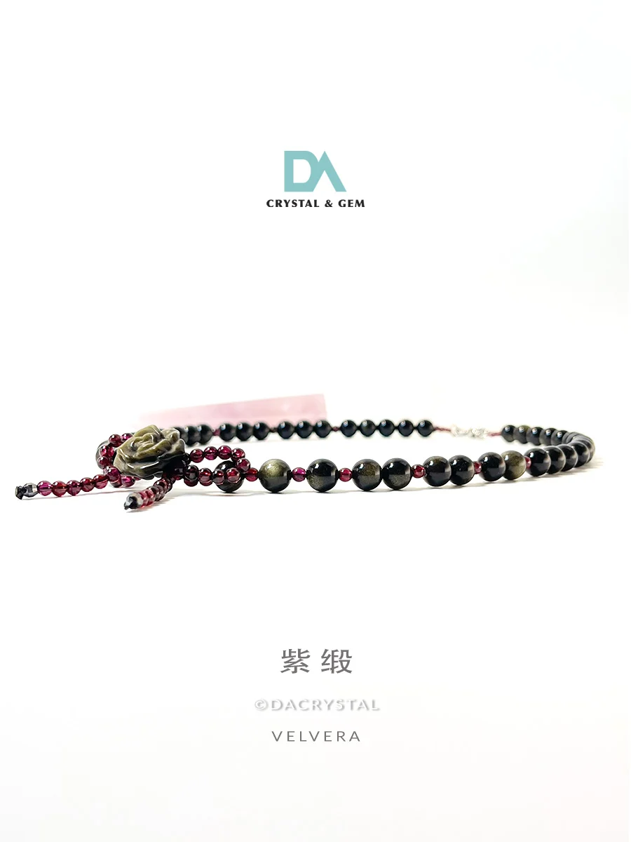 Velvera Golden obsidian rose shape & purple garnet necklace for women. 紫缎-金曜石玫瑰 x 酒红石榴石高级水晶项链定制. SHOP NOW AT DA CRYSTAL.