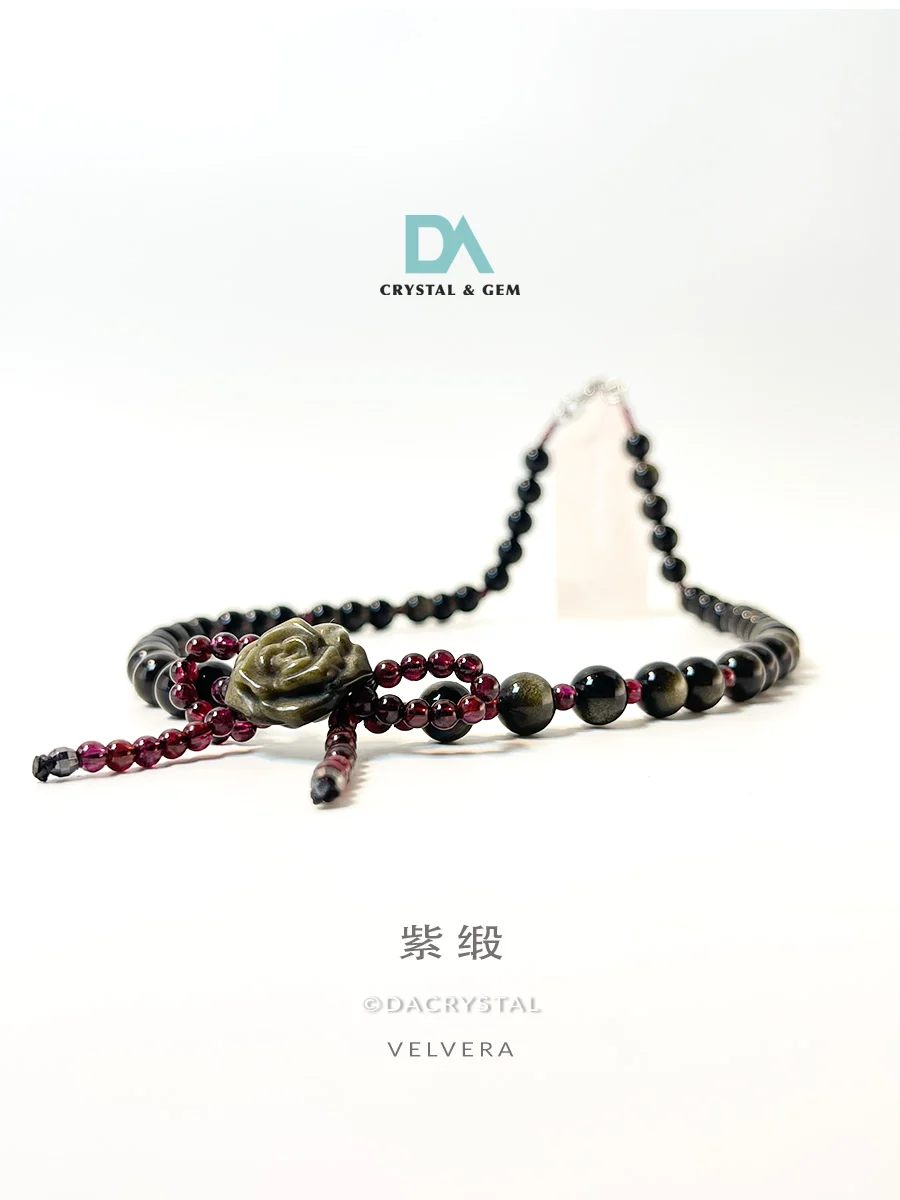 紫缎 Velvera Golden Obsidian Purple Garnet Rose Shape Necklace.